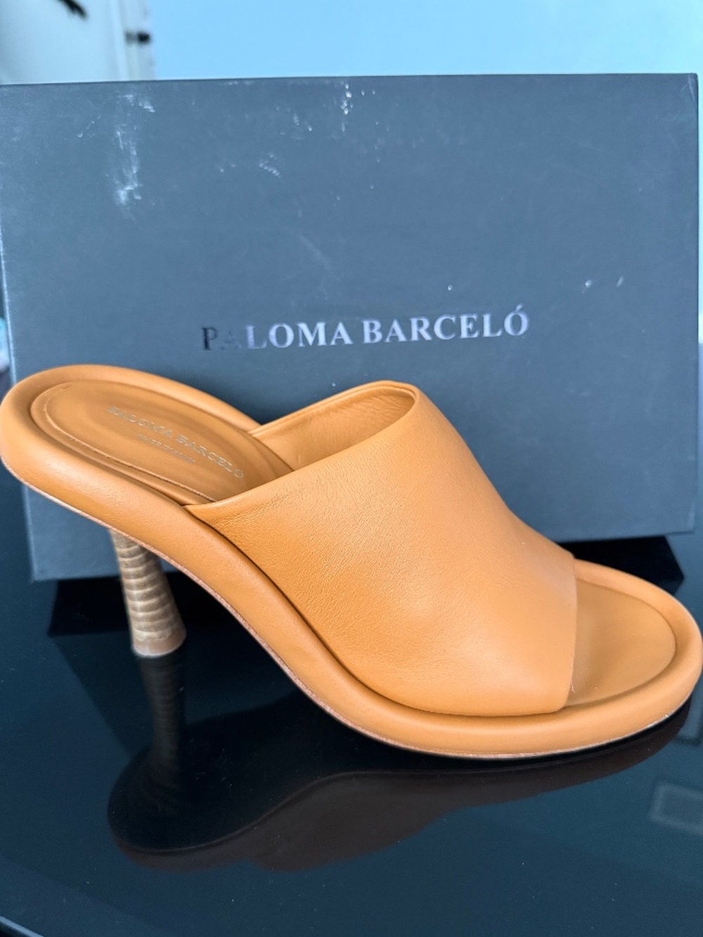 • Paloma Barceló Tan Leather Mules with Spool Wood Heel - Size [Insert Size] • P